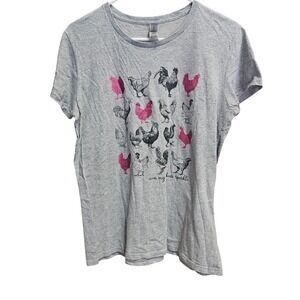 Womens Large Gildan Even My chickens Sparkle Gray Chicken Graphic Tee‎